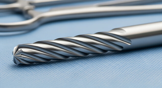Close up of a rotary burr tool and surgical scissors on a blue surface.
