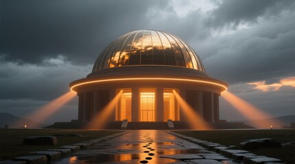 Obraz premium A majestic, illuminated dome structure stands as the centerpiece of an expansive landscape under a dramatic sky, symbolizing innovation and enlightenment in architectural design
