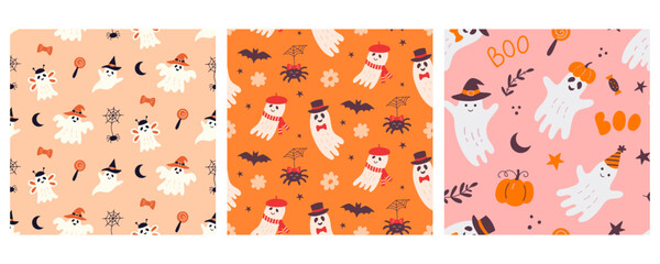 Halloween Cute Ghost Pink Seamless Pattern Set
