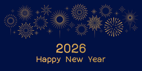Horizontal Happy New year banner 2026 with exploding geometric golden festive fireworks on blue background. For holiday, flyer, greeting card. Decorative backdrop for Christmas. Vector EPS10