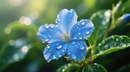 a blue flower with water droplets on it, surrounded by lush green leaves, with a blurred background