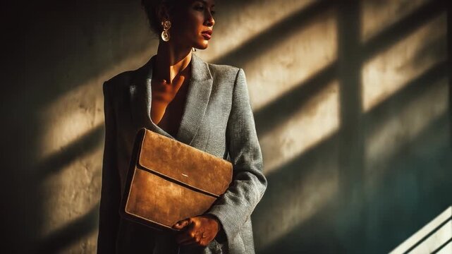 Woman in tailored suit holding a folder lit by directional light indoors