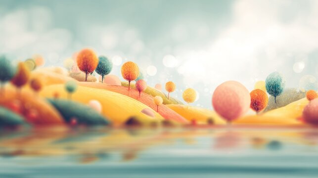 Blurred vibrant landscape background with colorful rolling hills, playful trees, and serene reflective water, dreamy whimsical mood, bright artistic tone with wide copy space for text.