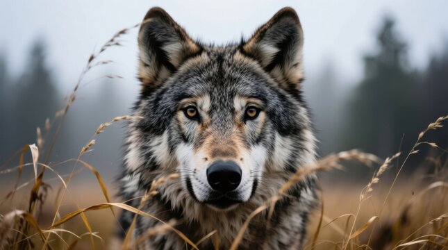 A majestic wolf stands amidst tall grass, gazing intently into the distance against a misty forest backdrop
