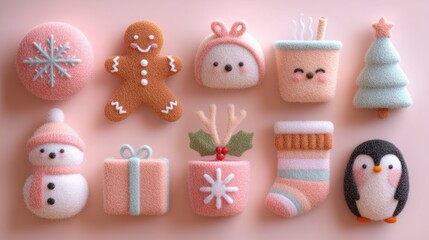 cute handmade christmas felt craft elements with cozy pastel colors