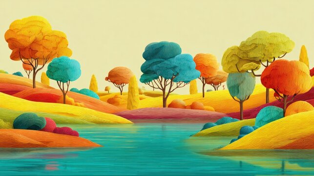 Blurred vibrant landscape background with colorful rolling hills, playful trees, and serene reflective water, dreamy whimsical mood, bright artistic tone with wide copy space for text.
