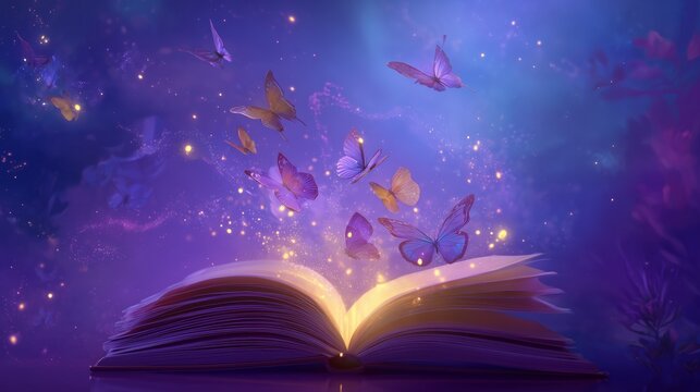 magical open book with glowing pages and flying butterflies fantasy scene