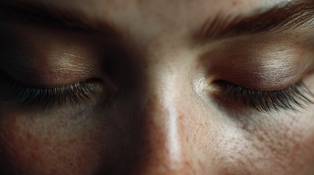 cinematic close up of closed human eyes with realistic skin texture