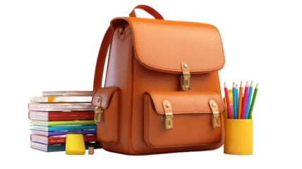 School bag and education stationery items learning supplies backpack with study materials academic icon isolated on white background