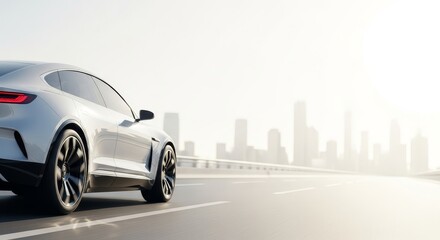 Sleek white modern car speeding on an urban highway with a blurred city skyline.