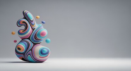 Dynamic 3D Abstract Shape with Colorful Flowing Stripes and Floating Orbs