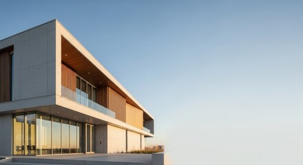 Elegant Modern Building with Concrete and Wood Design at Golden Hour.