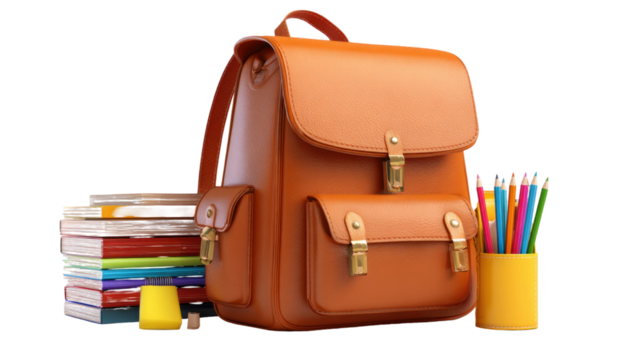 School bag and education stationery items learning supplies backpack with study materials academic icon isolated on white background