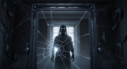Eerie Figure Breaking Through Shattered Mirror in Dark Room.