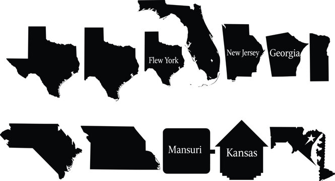 U.S. state silhouette vector collection, humorous map parody, black shape icons, creative geography design, funny state names, American region illustration, stock content