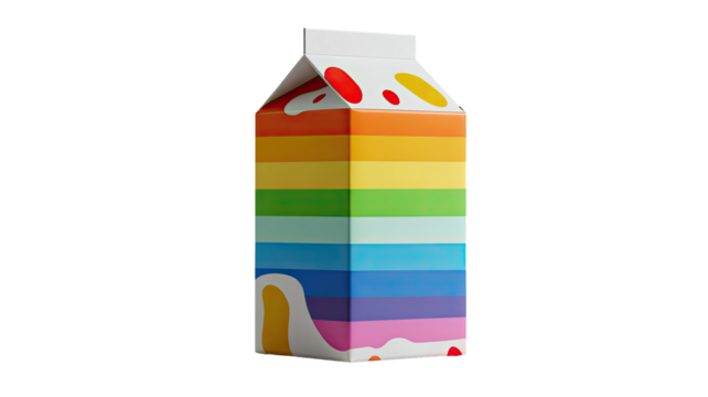 Milk carton with rainbow design colorful dairy package creative beverage container vibrant packaging concept isolated on white background
