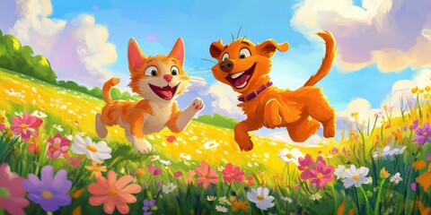 Obraz premium Cartoon of a cat and a dog playing in a field of flowers. The cat is orange and the dog is brown