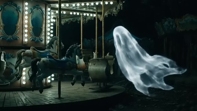 Eerie ghost floats near an old carousel at night, creating a spooky and mysterious atmosphere with its translucent form and the dimly lit amusement park, evoking a sense of unease.