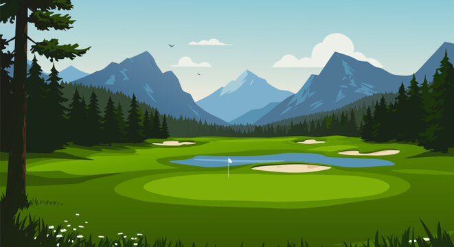 Serene golf course landscape illustration with majestic mountains and lush green fairways under a clear sky, perfect for a relaxing game