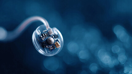 Macro shot showcasing advanced microchip technology encased in clear resin, set against a mesmerizing blue bokeh background. Ideal for illustrating innovation, science, and digital concepts.