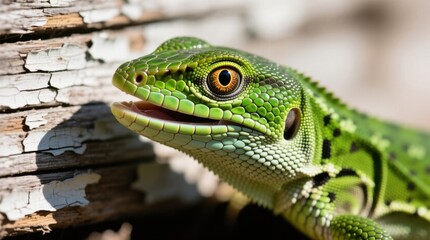 Fototapeta premium a green gecko with its mouth open, perched on a wooden surface Its scales are a vibrant green color, and its eyes are wide open, giving it a curious and inquisitiv