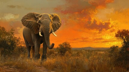 Obraz premium Majestic elephant sunset savanna wildlife Africa poster