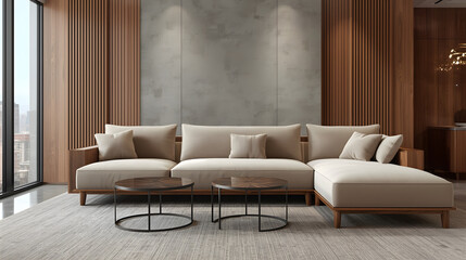 Contemporary living room interior with beige sectional sofa, wood paneling, round tables, and city view window on neutral background. 3D Rendering