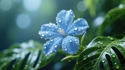  a blue flower with water droplets on it, surrounded by lush green leaves, against a blurred background
