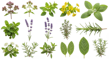 Collection of assorted green plant sprigs and foliage varieties on a dark canvas