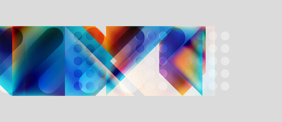 Abstract geometric shapes, vibrant colors blend. Circles, squares overlap creating dynamic visual effect. Modern design, clean aesthetic.