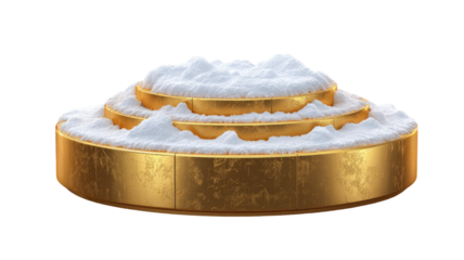 Golden podium covered with snow on top winter luxury display stand seasonal product presentation platform isolated on white background