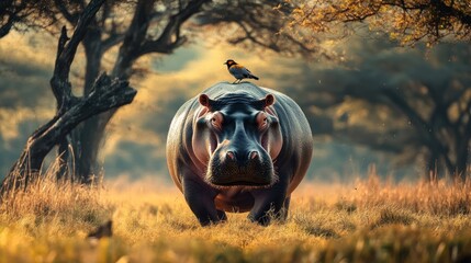 Hippopotamus in savanna with bird, serene