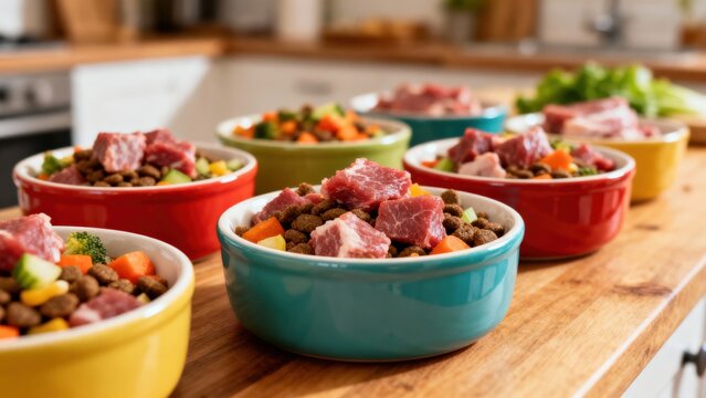 Process of preparing bowls with natural raw pet dog food at home. Colorful pet food bowls filled with fresh ingredients on a wooden surface. - Powered by Adobe