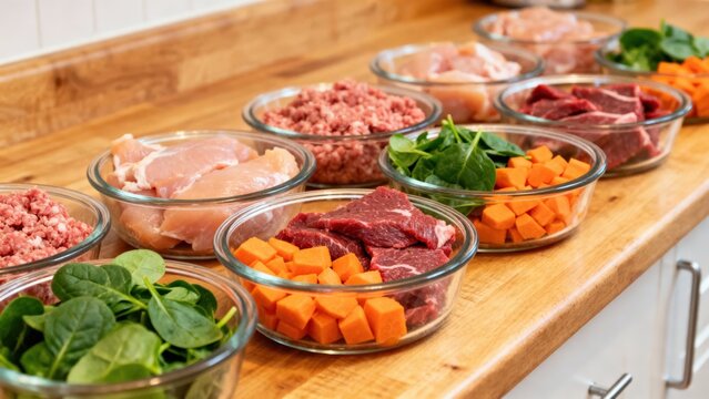 Process of preparing bowls with natural raw pet dog food at home. Fresh ingredients prepared for meal prep on a wooden countertop.