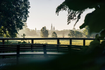 Caspar David Friedrich view near Greifswald showing the cityscape and the meadows in front of it with new resting area