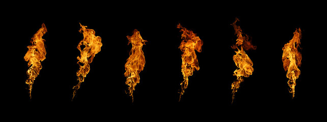 Realistic vertical fire flames sequence isolated on black background. Ideal for VFX, motion...