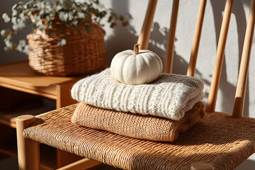 Obraz premium Cozy Autumn Decor with Pumpkins and Knitwear for Warm Interior Design
