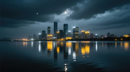 Naklejka premium a stunning city skyline at night with a full moon in the sky, illuminated by the lights of the buildings and reflecting off the water below The sky is filled with