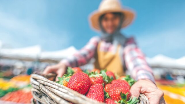 Bright strawberries in a basket at a vibrant outdoor farmers market - Powered by Adobe