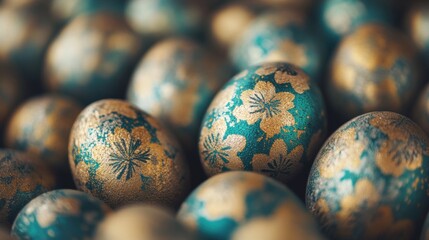 Colorful decorated eggs in bright turquoise and gold patterns for celebration