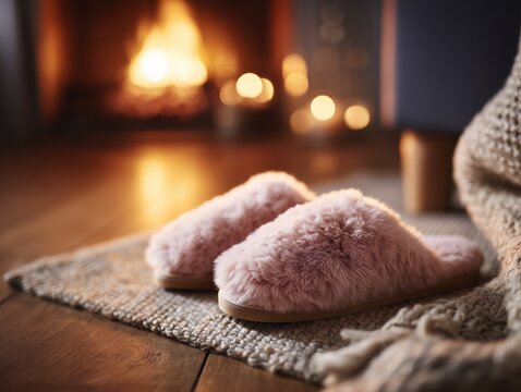 Comfortable pink slippers on rug beside a cozy fireplace, providing warmth and relaxation in a homely setting.