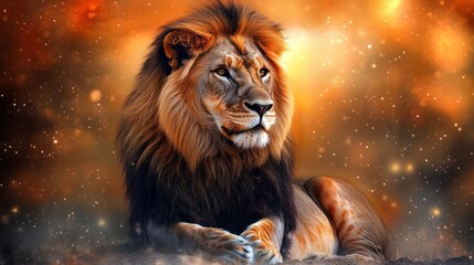 Naklejka premium Majestic lion resting, cosmic background, savanna, wildlife art