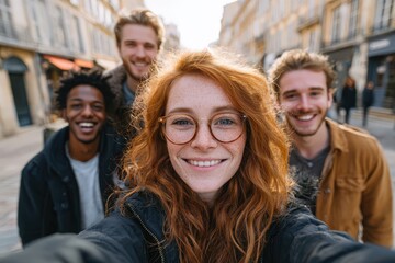 Obraz premium Group of diverse young adults smiling joyfully while taking a selfie outdoors in a vibrant urban setting, showcasing friendship and connection in a lively atmosphere