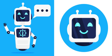 Smiling cute chat bot character with speech bubble. Robot assistant holding information symbol. Artificial intelligence for customer service.