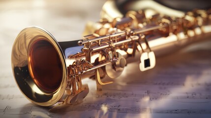 Obraz premium Saxophone lying on sheet music with polished brass surface reflecting light, elegant jazz culture and musical instrument concept.