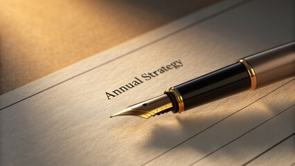 Fototapeta premium Annual strategic planning document with fountain pen on paper conveying focused annual strategy and professional decision making