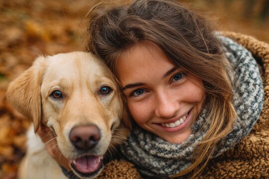 Young woman with long hair and a joyful expression, cuddling a golden retriever dog in a cozy outdoor setting, surrounded by autumn leaves, showcasing the bond between pets and their owners