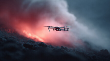 Fototapeta premium Dramatic drone shot. The quadcopter flies against a surreal, moody sky with vibrant pink and dark, ominous clouds. Perfect for tech, innovation, and environmental themes.