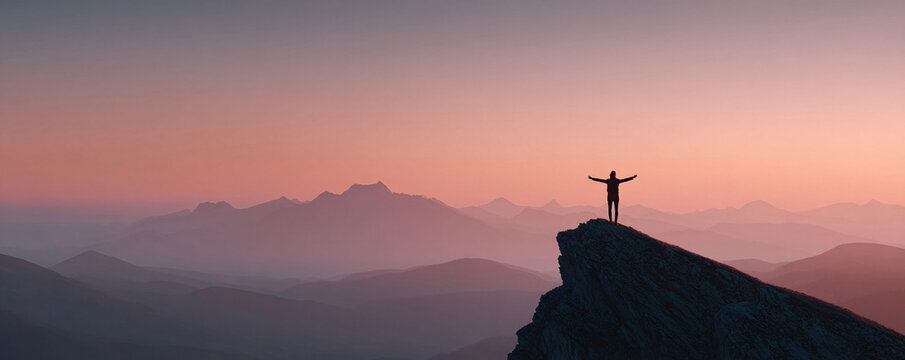 Silhouette of person standing atop a mountain peak at dawn with open arms, conveying accomplishment, freedom, and ambition against a scenic landscape.