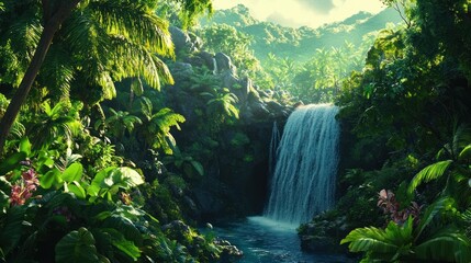 Lush jungle waterfall cascades, tropical paradise, serenity